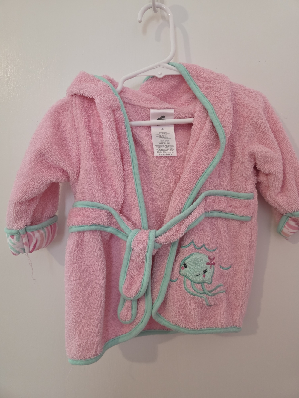 Gerber Pink Hooded Kids Bath Robe with Mint Trim and Jellyfish Embroidery